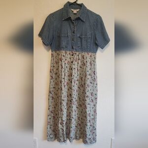 Cherokee Denim Bodice Floral Maxi Dress in Green and Cream